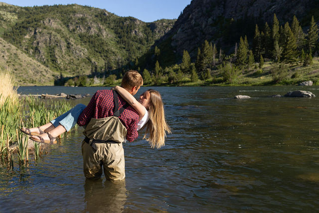 fly fishing couple engagement pictures